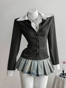 Elamini 黑色条纹亚麻面料撞色白领纽扣衬衫，复古优雅女士通勤休闲装，春秋季 - 黑色 - 查看 3