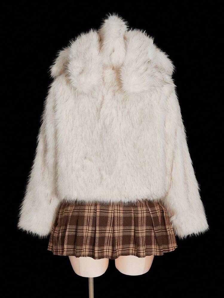 SHEIN ICON 加大码白色仿毛兔耳连帽蓬松大衣，甜美 Y2K 风格 - 白色 - 查看 8