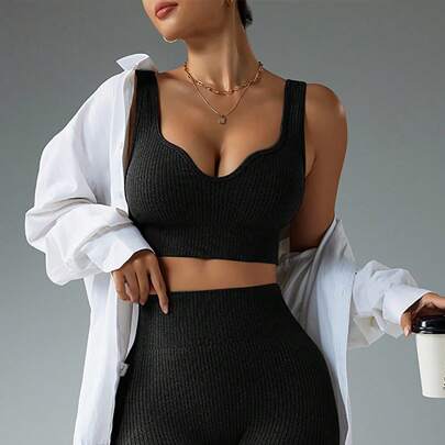 캐주얼 스포츠 블랙 브라 | 무선 및 무제한, 멀티 스트랩 디자인은 패션과 기능의 균형을 유지, 데일리 웨어 및 운동에 적합, 편안하고 스타일리시한 골지 블랙 크롭 탑 여성 브라 크롭 탑 골지 크롭 탑 복부 컨트롤 탑