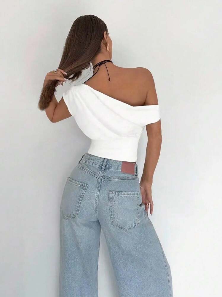 Siren Gaze Blusa corta casual y elegante con pliegues asimétricos para mujer, adecuada para el verano y el uso diario - Blanco - Ver 2