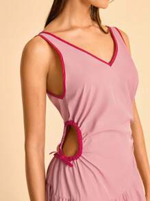 CAJUNI Contrast Color V-Neck Hollow Out Casual Summer Sleeveless Dress - Dusty Pink - View 8