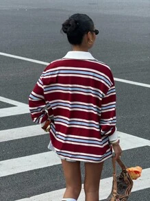 Muchica Women's Casual Back-To-School Merlot Wine Red Colorblock Striped Long Sleeve T-Shirt,Embroidered Horse Polo Shirt,Old Money Autumn School Burgundy - Multicolor - View 3
