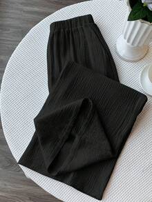 Comfortcana Celana Longgar Chiffon Warna Polos untuk Liburan Kasual Musim Panas - Hitam - View 6