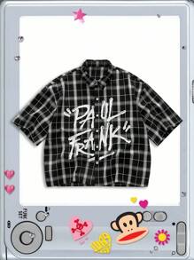 ROMWE MEN Paul Frank X ROMWE Áo sơ mi nam tay ngắn họa tiết kẻ caro và chữ cài nút phía trước mùa hè - Nhiều màu - Xem 2