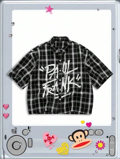 Paul Frank X ROMWE Men's Plaid And Letter Graphic Button Front Summer Short Sleeve Shirt