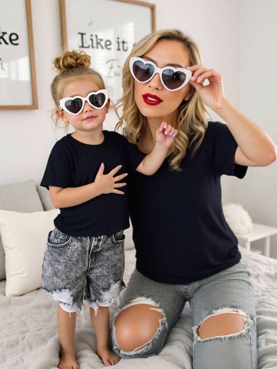 Young Girls' Summer Family Matching 2 Pieces Solid Short Sleeve Tee&Stonewashed Distressed Ripped Raw Hem Denim Jeans Cowgirl Outfit,Back To School - Black - View 1