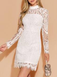 Amorya Women's Elegant Lace Trim Hem Dress, New Arrival Autumn, White Lace Sleeve Dress White Lace Dress White Cocktail Dress Lace Dress Women White Lace Mini Dress White Party Dress  Dirndl    Homecoming Dress White Long Sleeve Lace Dress White Dress Chic Autumn - White - View 3