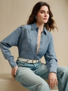 Anewsta 时尚女士珍珠刺绣蓝色牛仔衬衫 - 藍色 - 查看 2