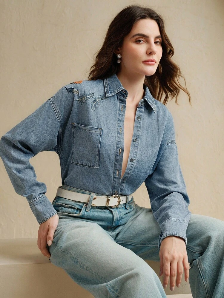 Fashionable Women's Pearl Embroidered Blue Denim Shirt
