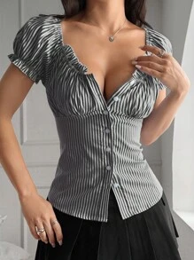 Zielony Women's Casual Striped Ruffle Trim Button Front Shirt, Summer Gray Top Women Tops Short Sleeve Tops Striped Top Square Neck Tops