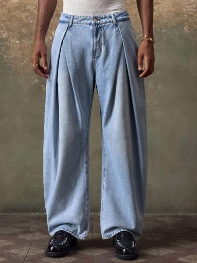 EASEVO 大码浅蓝色褶皱直筒宽松休闲男士牛仔裤