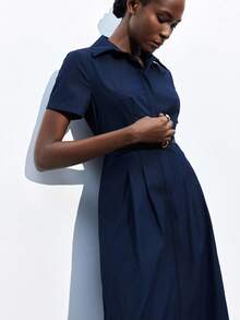 Maija 2025 Autumn Navy Blue Elegant Office Dress,Collared Single-Breasted Button Front Pleated Waist Design With Leather Metal Belt Adjustable Slim Dress - Navy Blue - View 5