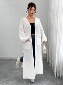 Elenzga 大码女式灯笼袖针织开衫，休闲中长款宽松开襟针织毛衣，秋冬时尚 - 米色 - 查看 3