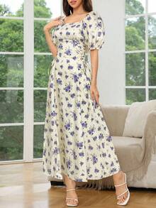 Modelyn Women's Floral Print Pleated Short Sleeve Arabian Dress With Square Neckline, Summer Cottagecore Dressmilkmaid Dressvintage Dress For Women - Blue - View 4