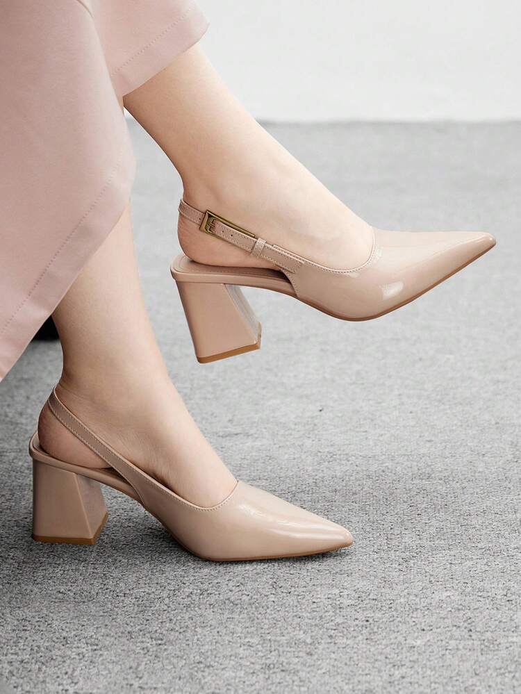 CUCCOO BIZCHIC Women's Fashion Apricot Color Backstrap Side Buckle Chunky Heel Pointed Toe Mule Pumps, Suitable For Daily Commute, Dates, And Parties For Christmas Spring Shoes