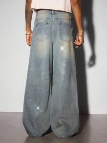 ROMWE MEN Street Life 男式复古蓝色休闲闪亮水钻宽松牛仔裤 - 淺色水洗藍 - 查看 6