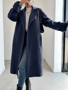 EURMUSE Women's Solid Color Lapel Collar Long Sleeve Long Fashionable Coat - Navy Blue - View 1
