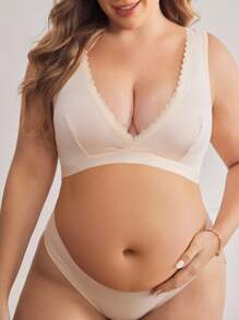 BloomMama 加大码女士纯色撞色蕾丝舒适孕妇哺乳文胸 - 杏色 - 查看 3