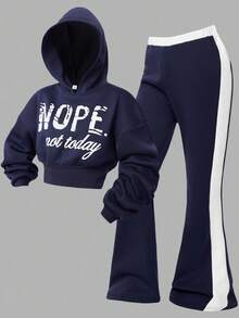Girlism Teen Girls Hoodie & Sweatshirt Co-Ords, English Print Hoodie And Contrast Waistband Pants 2 Pieces Set Girls Sweat Outfit Sweat Set Navy Blue Hoodie Girls Hoodie Set Girls Sweatsuit Girls Tracksuit/Halloween/Autumn/Christmas/Holiday/Festival/Winter Fall - Blue and White - View 8