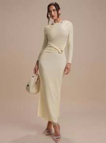 Modelyn Women's Elegant Solid Color Asymmetric Collar Fitted Mermaid Dress - Yellow - View 1