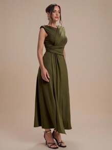 Modelyn 女士优雅纯色褶饰连衣裙，夏季 - 軍綠色 - 查看 6