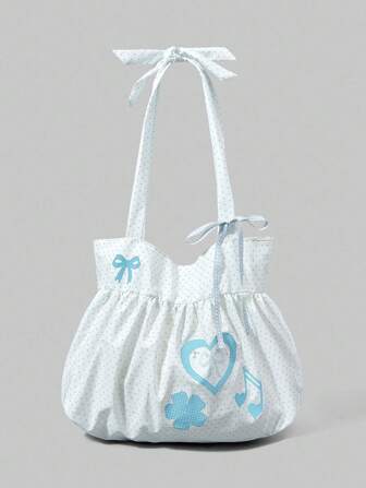 Anime 1 pezzo Borsa a spalla da donna vintage a forma di cuore con fiocco carino, borsa a tracolla minimalista con pois, fiori estivi e note musicali, grande capacità, adatta per laptop, ideale per l'uso quotidiano