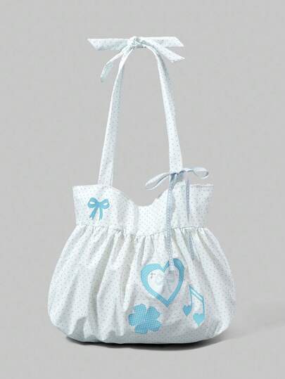 Anime 1 pieza Bolso de hombro de mujer con forma de corazón vintage y lazo, bolso de mano minimalista con lunares, flores de verano y notas musicales de gran capacidad, apto para laptop, adecuado para el uso diario