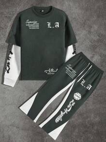 Manfinity EMRG 男士标语印花二合一长袖运动衫和运动裤休闲套装，送给男朋友的绝佳礼物，返校季男士两件套慢跑裤套装男士街头慢跑裤套装男士两件套男士慢跑裤套装 La Men 贴布慢跑裤套装 - 彩色 - 查看 3