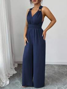 Selianne 女式 V 领系腰阔腿连体裤，蓝色，休闲夏季服装 - 藏蓝色 - 查看 7