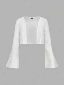SHEIN MOD 大码女式两件套：喇叭袖前开襟上衣和鱼尾下摆吊带背心连衣裙 - 白色 - 查看 7
