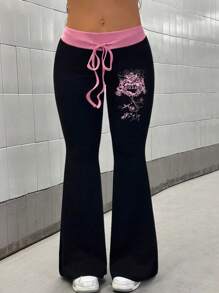 Maweii 大码女装秋冬休闲街头风腰部抽绳撞色印花修身喇叭裤，黑粉色 - 彩色 - 查看 4