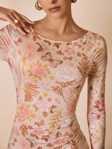 Shutterstock Glamance 女式花卉印花修身圆领长袖连衣裙花卉中长连衣裙长袖中长连衣裙花卉印花中长连衣裙女式中长连衣裙约会夜服装女式冬季 - 卡其色 - 查看 6