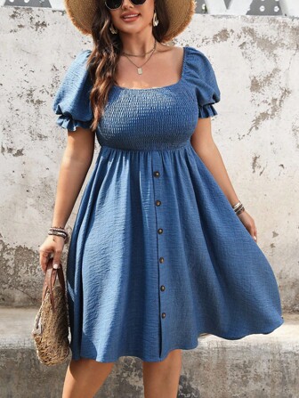 LanaWest Plus Size Women's Solid Color Denim Effect Puff Sleeve Front Placket Decorated Dress