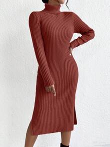 EURMUSE Vestido de punto ajustado de cuello alto de unicolor de otoño/invierno - Marrón - Ver 5