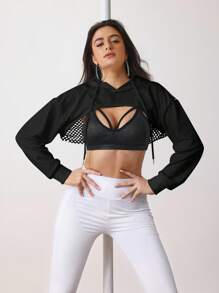 Menodora SHEIN Sport Drop Shoulder Drawstring Hollow Out Super Crop Sports Sweatshirt Without Cami Top Cropped Sweatshirt - Black - View 4