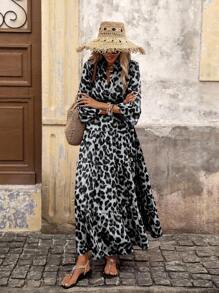 Brillora 女式梭织印花短袖长裙 - 黑色 - 查看 4