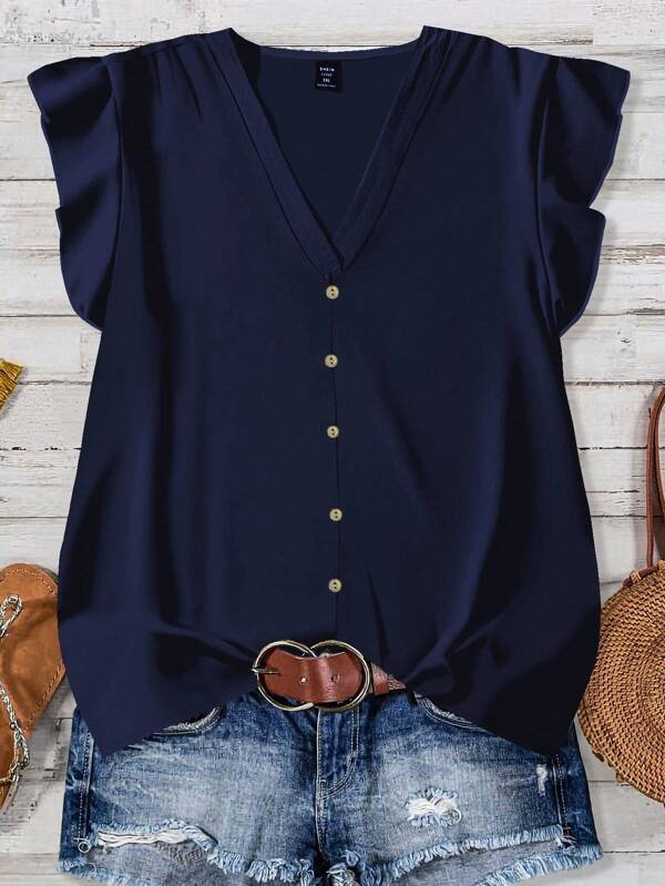 EMERY ROSE Plus Size Women Navy Blue Solid Color Casual Shirt, Suitable For Summer