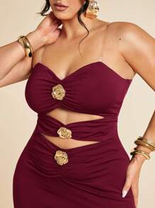 SHEIN BAE Große Größen Damen Schwarzes Metalldekor Ausschnitt-Kleid, Urlaub - Bordeaux - Übersicht 6
