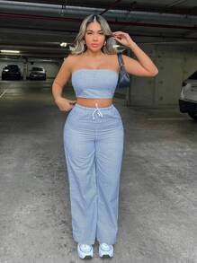 Zolique 女士休闲条纹印花短款筒形上衣和抽绳腰阔腿裤套装，夏季假日装 - 藏蓝色 - 查看 4