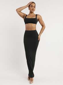 Silquee 魔力系列纯灰色宽领无袖吊带背心，休闲修身，性感女式背心+加长裙，基本款，柔软弹力亲肤面料，零压力塑身衣，双层设计，特殊拼布工艺，国际认证安全 - 黑色 - 查看 7