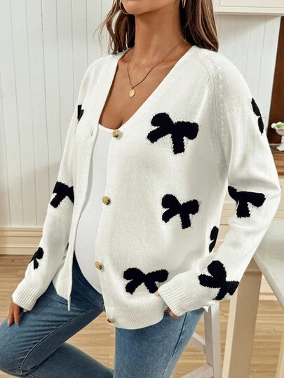 SHEIN Pregnant Women's Contrast Color Bow Jacquard Raglan Sleeve Casual Cardigan