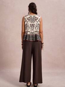 SHEIN LUNE Conjunto de 2 piezas de talla grande para mujer con top sin mangas y pantalones de pierna ancha con estampado de paisley, versátil y casual