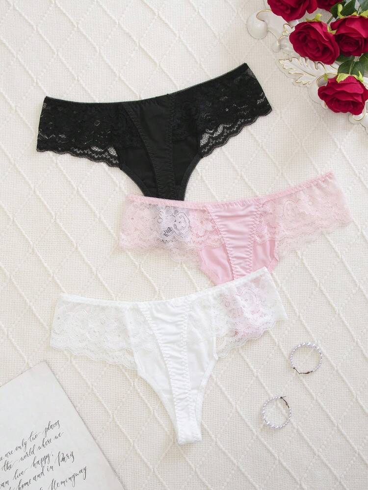 SHEIN 3件套女士成熟优雅蕾丝拼布丁字裤 - 彩色 - 查看 2