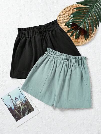 SHEIN 2pcs Teen Girl Woven Solid Color Ruffle Hem Elastic Waist Pocket Shorts Set 3 Pc Shorts For Girls Summer Cotton Shorts For Girls Girl Casual Solid Color Shorts Long Summer Shorts For Girls Long Summer Shorts For Little Girls Casual Solid Color Shorts For Girls