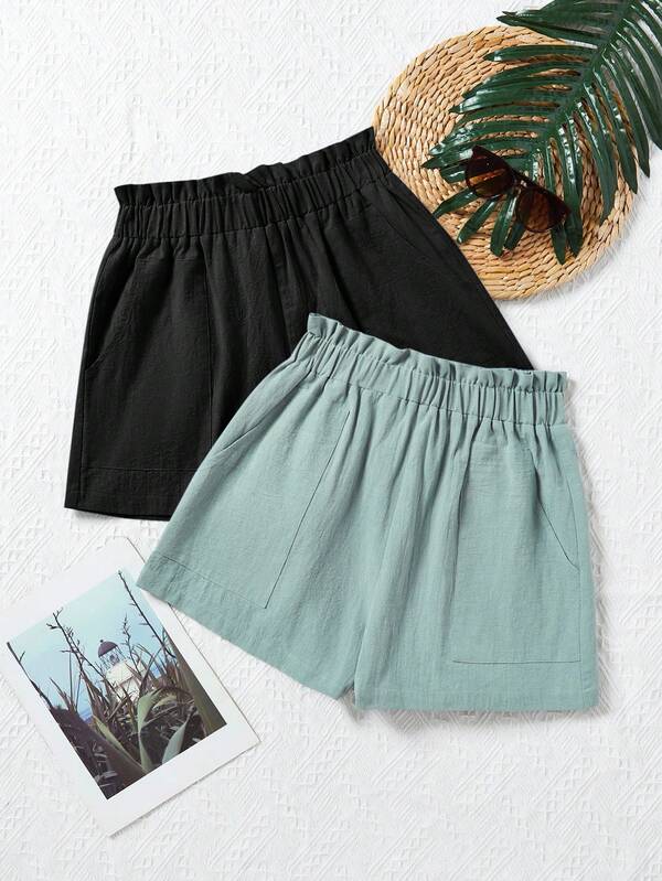 SHEIN 2pcs Teen Girl Woven Solid Color Ruffle Hem Elastic Waist Pocket Shorts Set 3 Pc Shorts For Girls Summer Cotton Shorts For Girls Girl Casual Solid Color Shorts Long Summer Shorts For Girls Long Summer Shorts For Little Girls Casual Solid Color Shorts For Girls Tween Girl Casual Solid Color Shorts