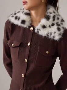 SHEIN MOD 卡其棕色拼布豹纹毛领优雅秋冬开衫 - 棕色 - 查看 9