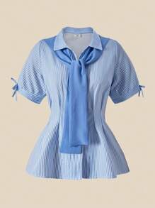 SHEIN Explorewe Teen Girl Turndown Collar Button Puff Sleeve Casual Fashion Shawl Collar Blouse Blue Striped Shirt Girls Preppy Blue Shirt