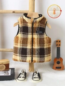 1pc Toddler Boys' Fashion Sherpa Quilted Zip-Up Vest,Brown Checkered Plaid Design,Modest Autumn Winter Outdoor Clothes,Date Outfit For Baby Boy - Multicolor - View 3