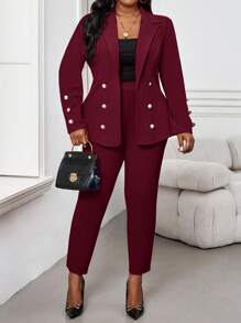 SHEIN Lady 秋冬优雅红色针织翻领纽扣长袖加大码仿皮草外套情人节新年女装 - 酒紅色 - 查看 3