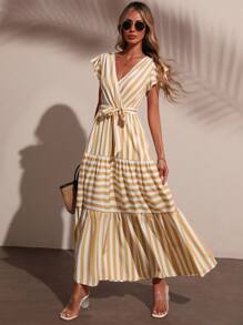 SHEIN LUNE 女士优雅时尚通勤休闲舒适迷人复古简约高端无袖荷叶边袖蝴蝶结腰收腰 V 领 A 字条纹下摆连衣裙 - 黃色 - 查看 6